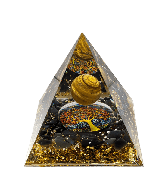 Orgonite Pyramide Oeil de Tigre & Obsidienne Noire Arbre de Vie