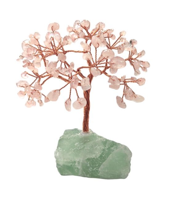 Arbre de Vie Quartz Rose sur Druse Fluorite Verte 12-13cm