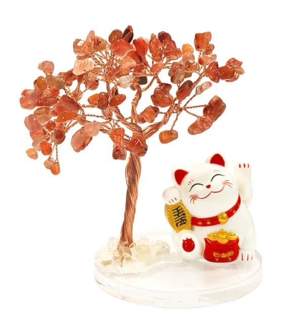 Arbre de Vie en Agate Rouge avec Manekineko