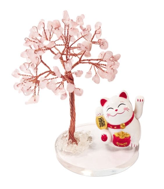 Arbre de Vie en Quartz Rose avec Manekineko