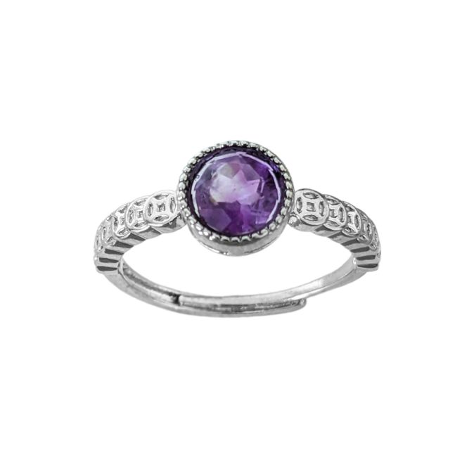 Bague en Cuivre Blanc Ajustable Rond Facetté Amethyste AA