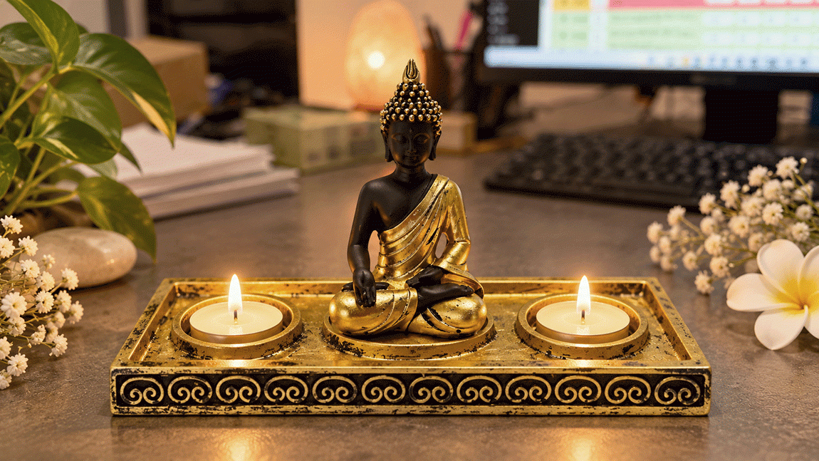kadzidło i Złoty i Czarny Świecznik Budda Medytacja z Żywicy 22 cm|pl