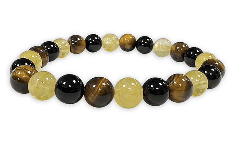 Bracelet Citrine chauffée, Oeil du Tigre, Obsidienne Noire A perles 8mm