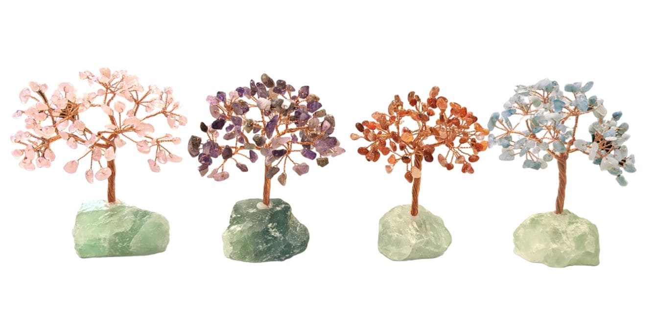 Arbre de Vie Quartz Rose sur Druse Fluorite Verte 12-13cm