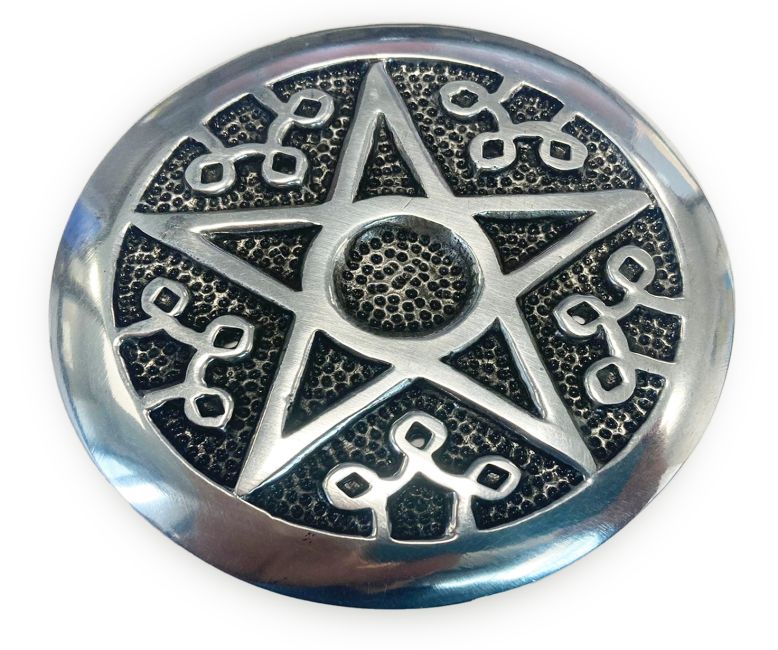 Okrągły, biały, metalowy stojak na kadzidełko Ołtarz Pentagram 8,5 cm