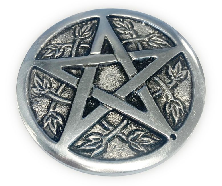 Okrągły, biały, metalowy stojak na kadzidełko Ołtarz Pentagram 8cm
