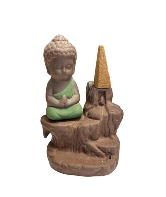 Ceramiczny uchwyt na kadzidełko z przepływem zwrotnym, zielony Budda, 12 cm