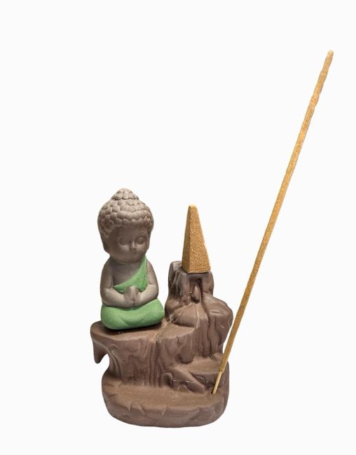 Ceramiczny uchwyt na kadzidełko z przepływem zwrotnym, zielony Budda, 12 cm