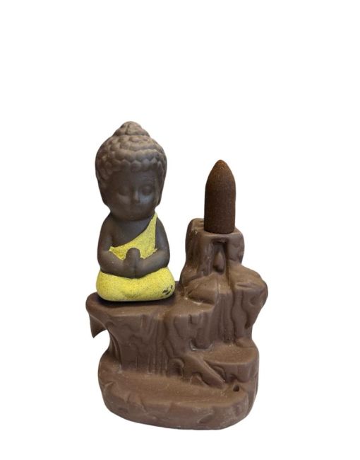Ceramiczny uchwyt na kadzidełko z przepływem zwrotnym, żółty Budda, 12 cm