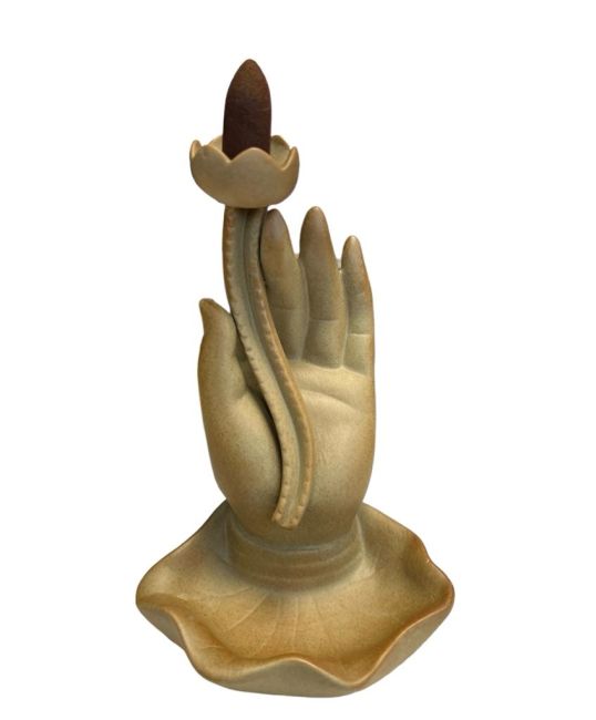 Uchwyt na kadzidło z przepływem zwrotnym Beżowa ceramiczna dłoń Buddy - Lotos 16cm