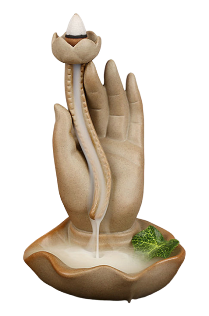 Uchwyt na kadzidło z przepływem zwrotnym Beżowa ceramiczna dłoń Buddy - Lotos 16cm