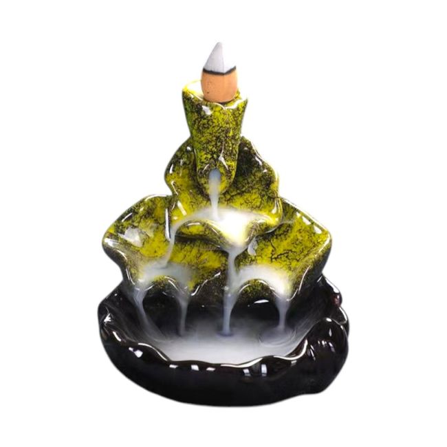 Uchwyt na kadzidełka Backflow Ceramic Waterfall Lotus Leaves Zielony Żółty 10cm