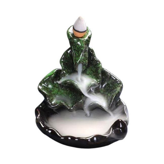 Ceramiczny uchwyt na kadzidełka z przepływem zwrotnym, kaskadowym wzorem i zielonymi liśćmi lotosu, 10 cm