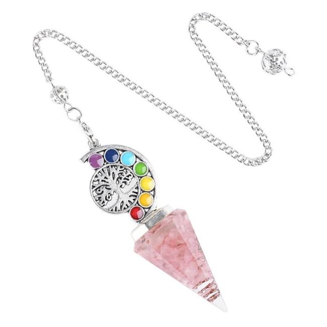 Wahadło orgonitowe z kwarcu różowego Drzewo Życia 7 czakr 6 stron