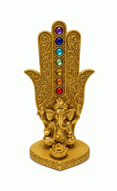 kadzidło i Trzymacz na kadzidło w kształcie Ręki Fatimy Ganesh 7 Czakr, złoty, żywica, 16 cm