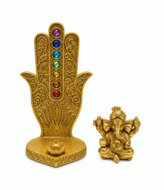 kadzidło i Trzymacz na kadzidło w kształcie Ręki Fatimy Ganesh 7 Czakr, złoty, żywica, 16 cm|pl