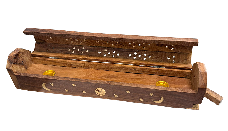 Uchwyt na kadzidło Pudełko z drewna sheesham Księżyc i słońce 30cm x2