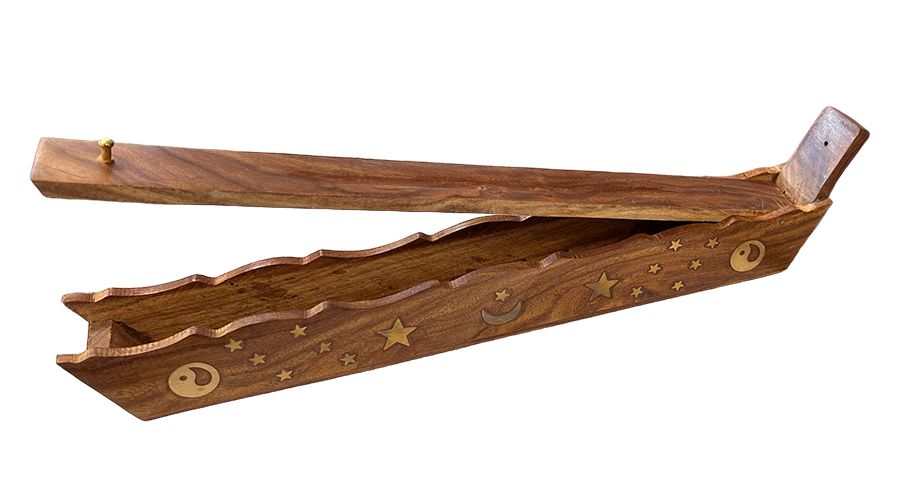Uchwyt na kadzidło Pudełko z drewna sheesham Księżycowe gwiazdy Ying Yang 30cm x2