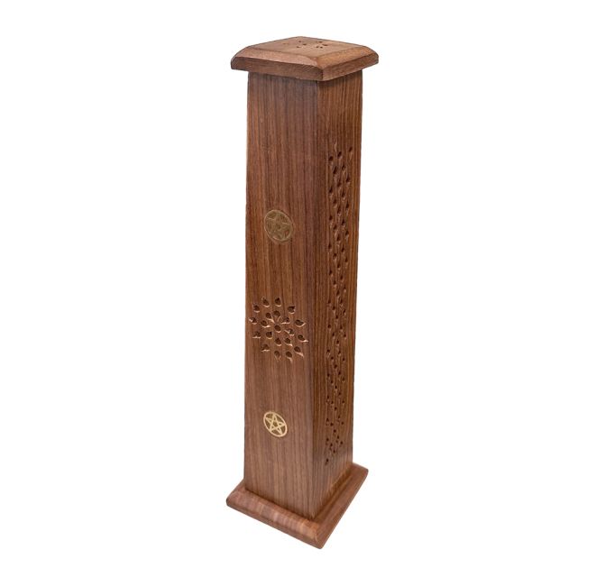 Uchwyt na kadzidło Prostokątna wieża Pentagram z drewna sheesham 30 cm x 2