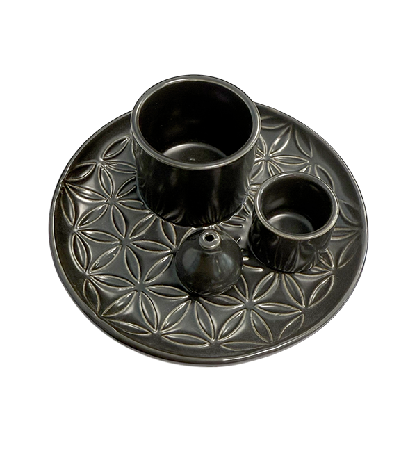 kadzidło i Czarny ceramiczny stojak na kadzidełka Kwiaty Życia do Palo Santo i białej szałwii 13 cm