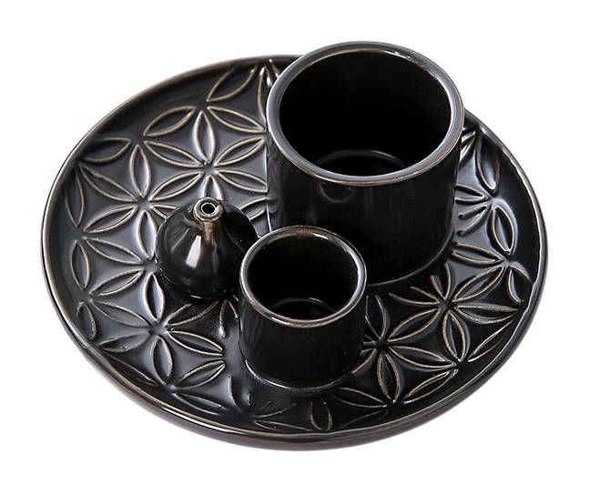 Czarny ceramiczny stojak na kadzidełka Kwiaty Życia do Palo Santo i białej szałwii 13 cm