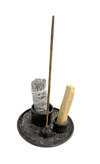 kadzidło i Czarny ceramiczny stojak na kadzidełka Kwiaty Życia do Palo Santo i białej szałwii 13 cm|pl