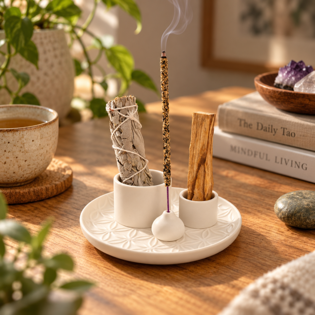 kadzidło i Czarny ceramiczny stojak na kadzidełka Kwiaty Życia do Palo Santo i białej szałwii 13 cm|pl