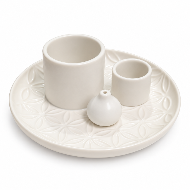 kadzidło i Czarny ceramiczny stojak na kadzidełka Kwiaty Życia do Palo Santo i białej szałwii 13 cm