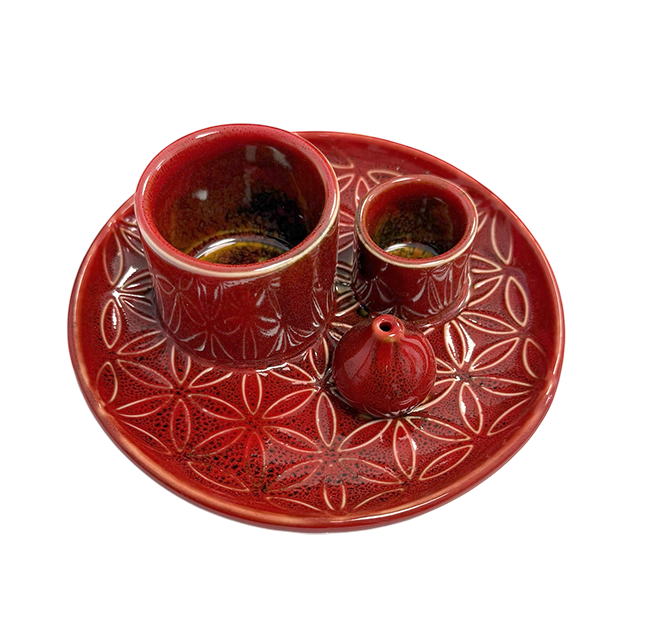 kadzidło i Czerwony ceramiczny stojak na kadzidełka Kwiaty Życia do Palo Santo i białej szałwii 13 cm