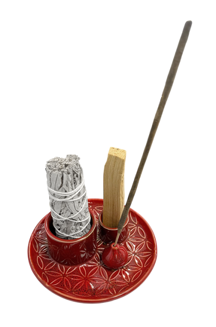 kadzidło i Czerwony ceramiczny stojak na kadzidełka Kwiaty Życia do Palo Santo i białej szałwii 13 cm|pl
