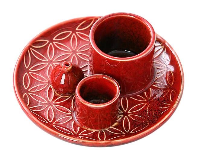 Czerwony ceramiczny stojak na kadzidełka Kwiaty Życia do Palo Santo i białej szałwii 13 cm