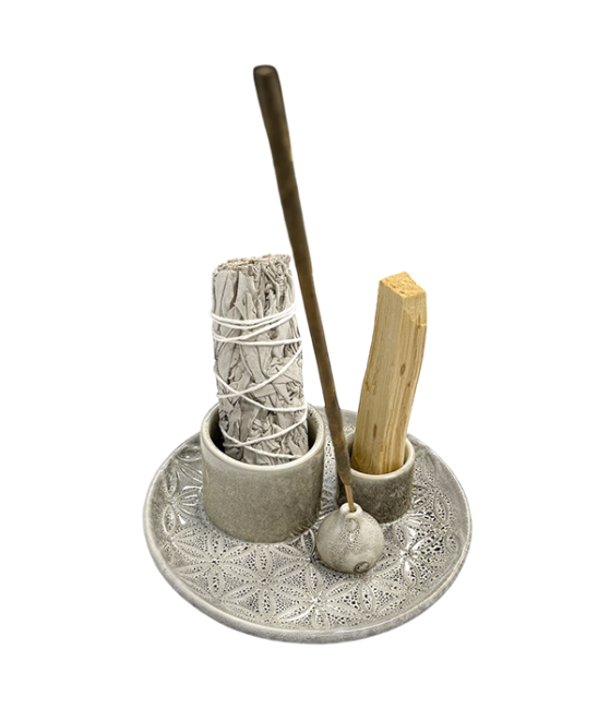 kadzidło i Beżowy ceramiczny stojak na kadzidełka Kwiaty Życia do Palo Santo i białej szałwii 13 cm|pl