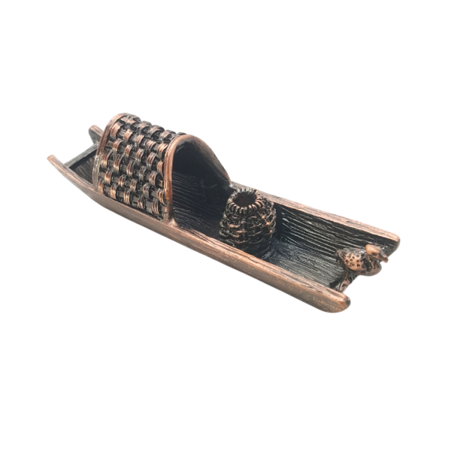 Miedziany metalowy uchwyt na kadzidełko w kształcie łódki 9.5 cm