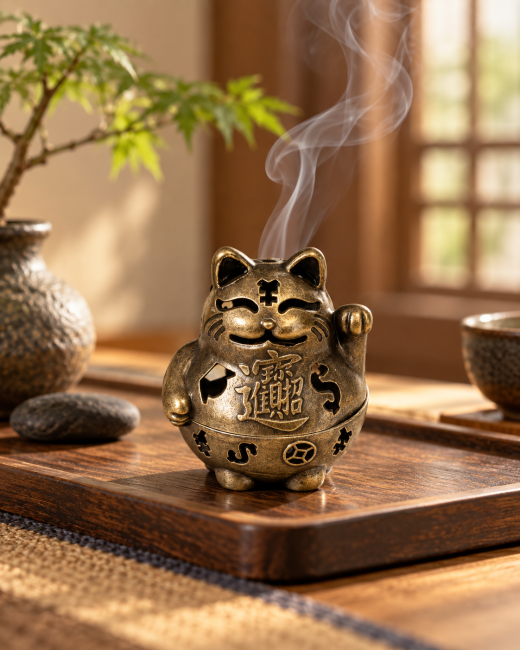 kadzidło i Brązowy kadzielnica Maneki-neko 4,9 cm – Zestaw 3 sztuk|pl