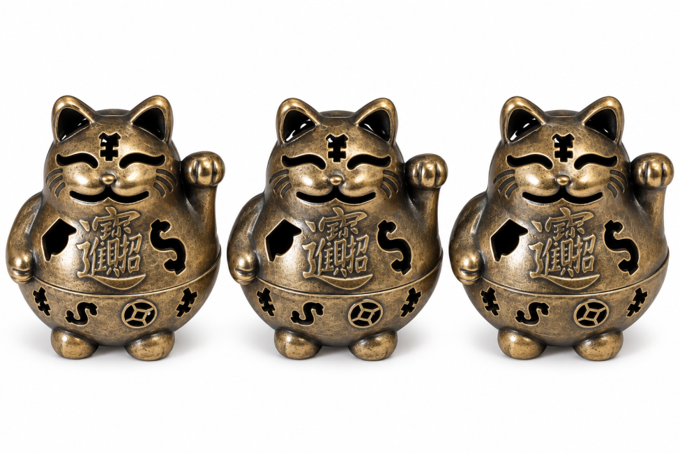 kadzidło i Brązowy kadzielnica Maneki-neko 4,9 cm – Zestaw 3 sztuk