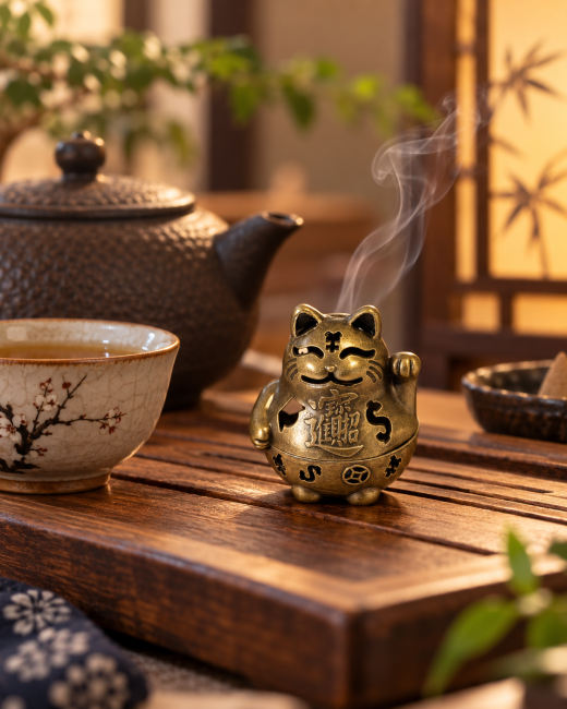 kadzidło i Brązowy kadzielnica Maneki-neko 4,9 cm – Zestaw 3 sztuk|pl
