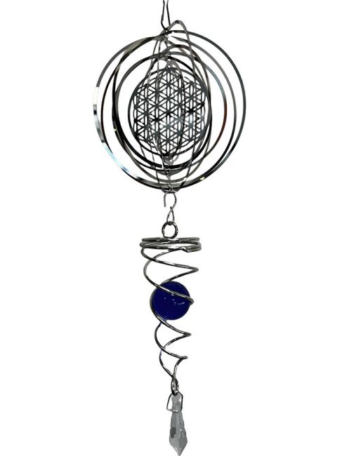 Stalowy dzwonek wietrzny 3D spirala kwiat życia z granatową kulką 10cm