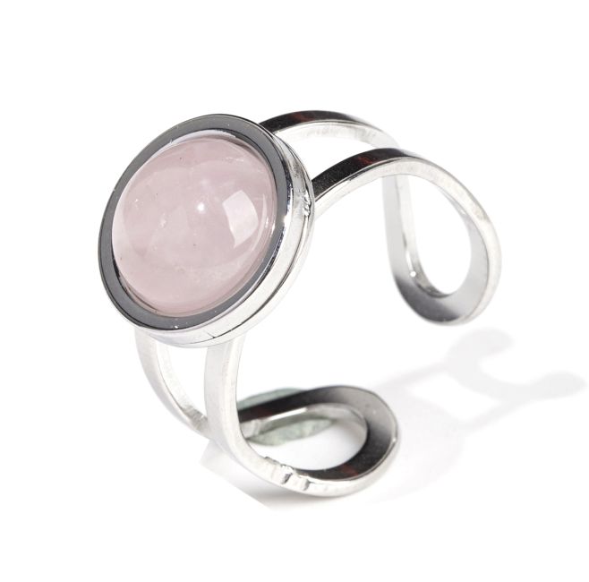 Srebrny pierścionek ze stali nierdzewnej, okrągły, kwarc różowy A