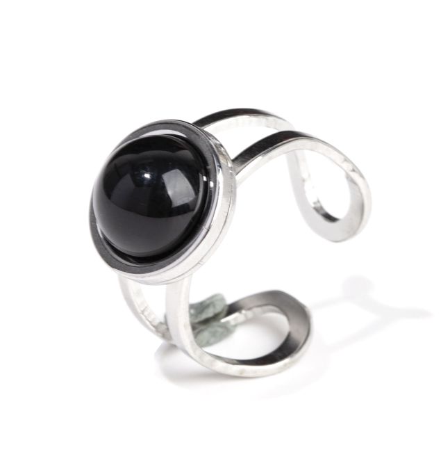 Okrągły czarny onyksowy srebrny pierścień ze stali nierdzewnej A