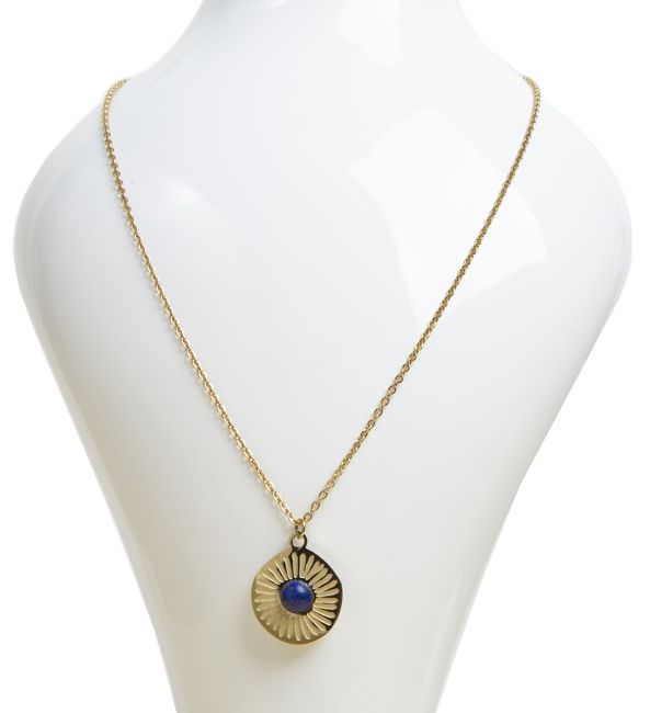 Złoty naszyjnik ze stali nierdzewnej z okrągłym wisiorkiem w kształcie słońca Lapis Lazuli A
