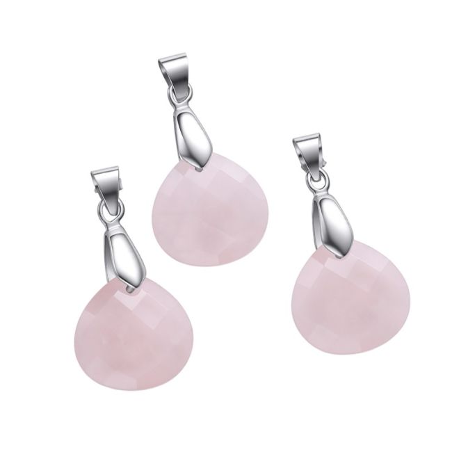 Wisiorek z fasetowanym kwarcem różowym w kształcie łezki – zestaw 3 sztuk