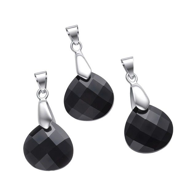 Czarny obsydian, fasetowany, płaski wisiorek w kształcie łzy – zestaw 3 sztuk