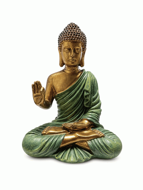 kadzidło i Zielono-złota Statua Buddy Abhaya z Żywicy 31 cm