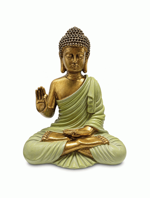 kadzidło i Zielono-złota Statua Buddy Abhaya z Żywicy 31 cm