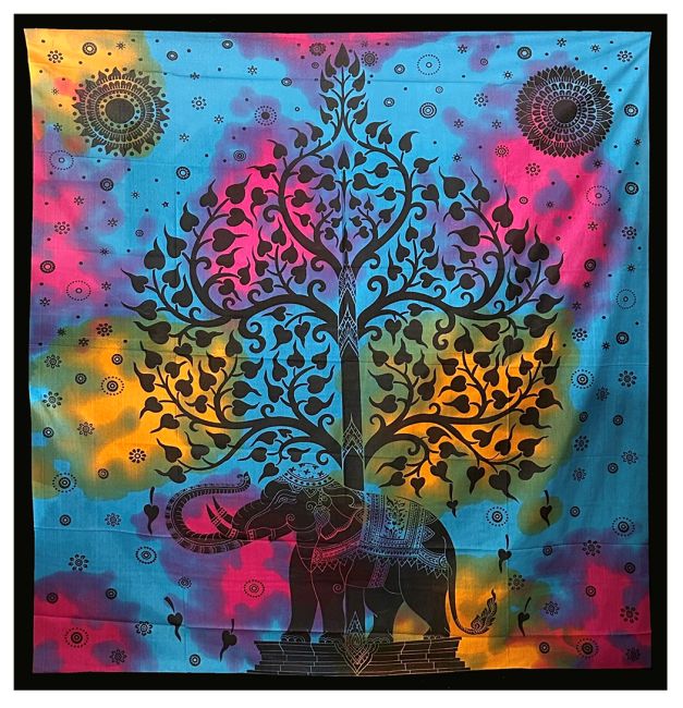 Gobelin Drzewo życia i słoń w kolorze turkusowo-różowym fioletowo-fioletowym