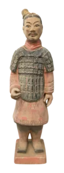 Kolorowa, antyczna statua wojownika z terakoty 38 cm