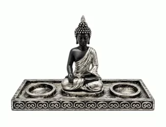Świecznik Budda Medytacja Srebrny i Czarny z Żywicy 22 cm