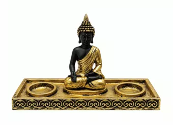 Złoty i Czarny Świecznik Budda Medytacja z Żywicy 22 cm
