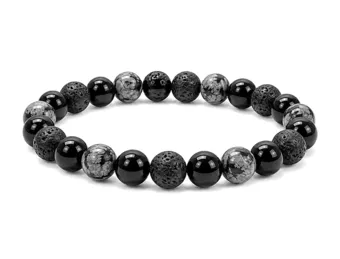 Bransoletka z Obsydianu Śnieżnego, Kamienia Lawowego i Czarnego Onyksu A koraliki 8mm