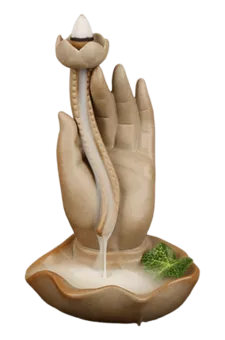 Uchwyt na kadzidło z przepływem zwrotnym Beżowa ceramiczna dłoń Buddy - Lotos 16cm
